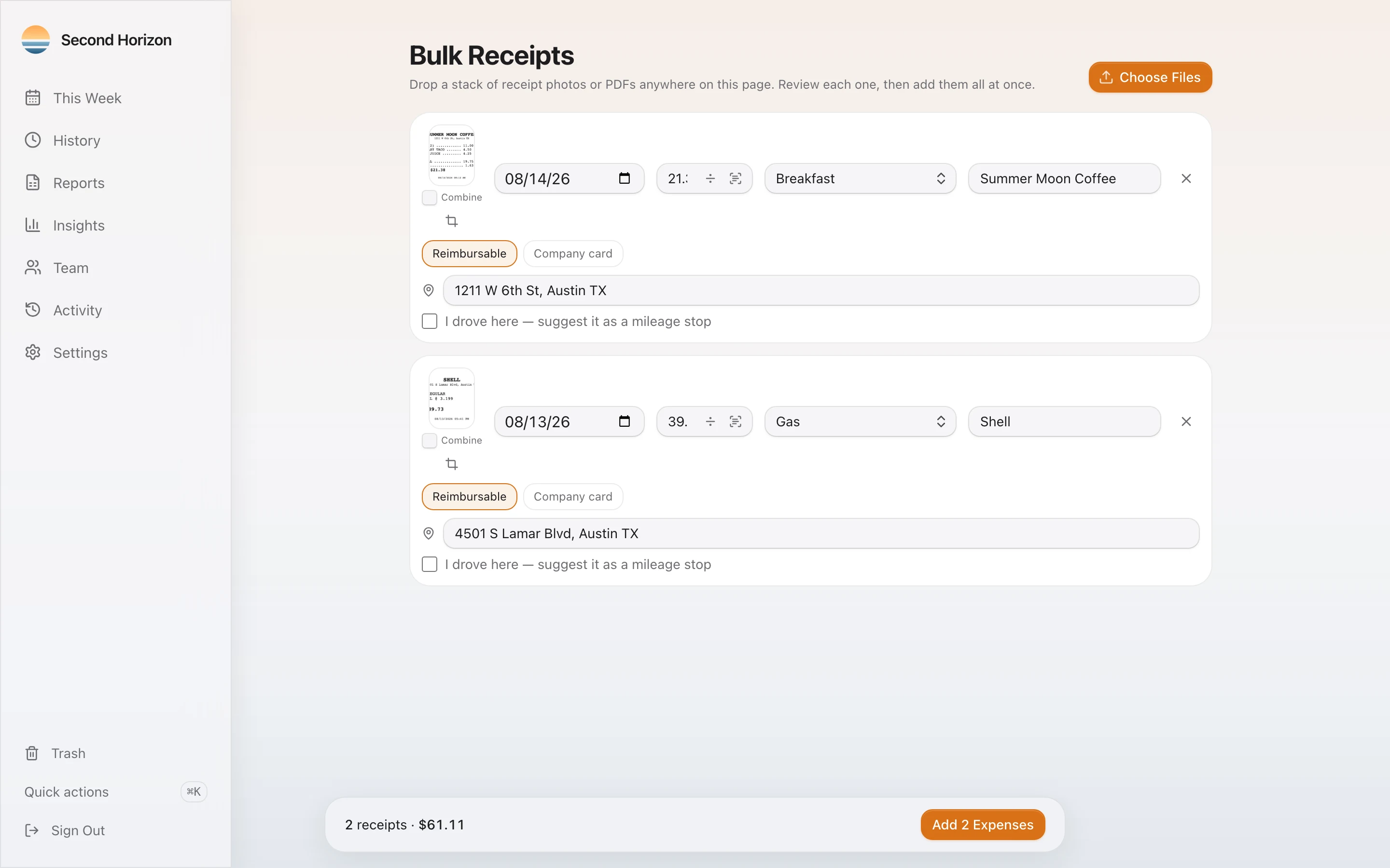 The Bulk Receipts screen with two dropped receipts read and listed for review, ready to add at once